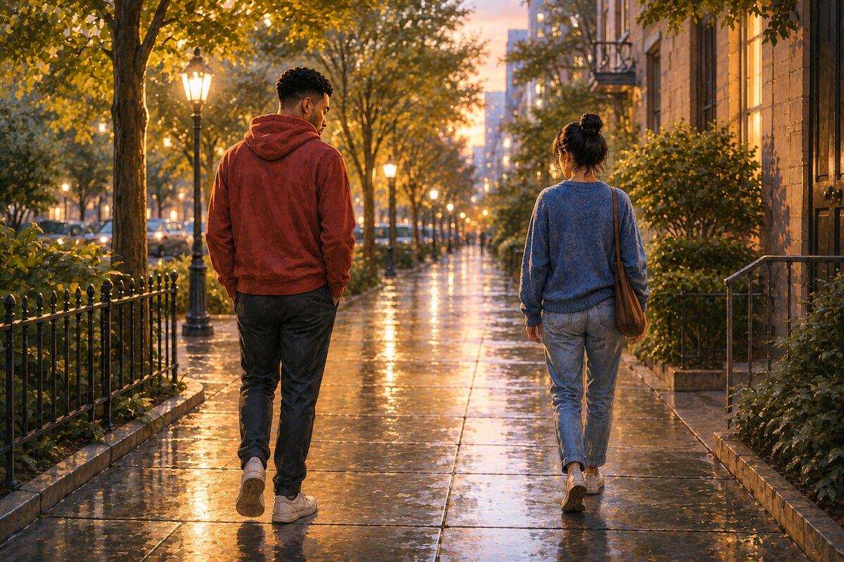 A couple walking side by side down a rain-lit street at dusk