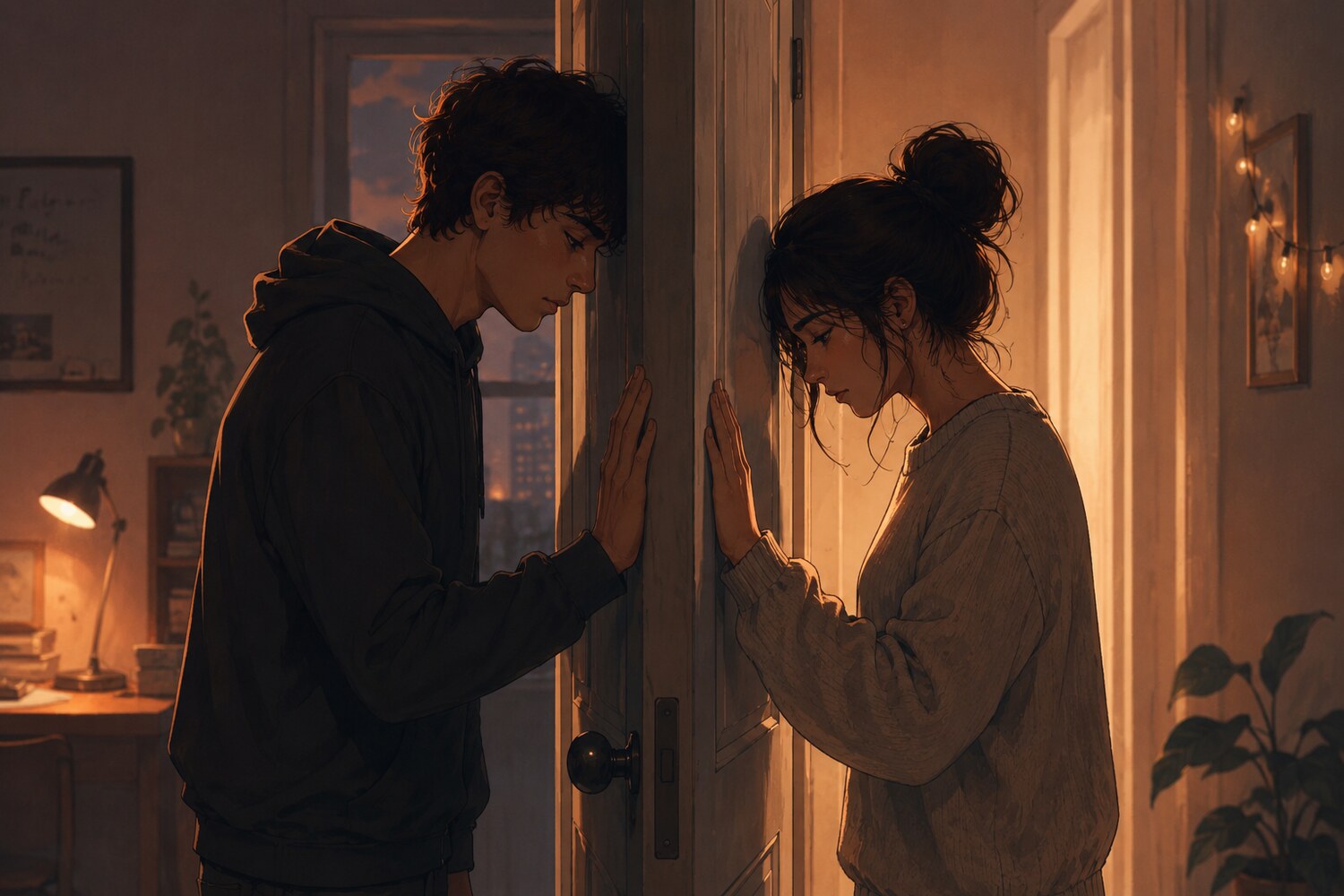 A boy and a girl on either side of a closed door, hands gently pressed to it